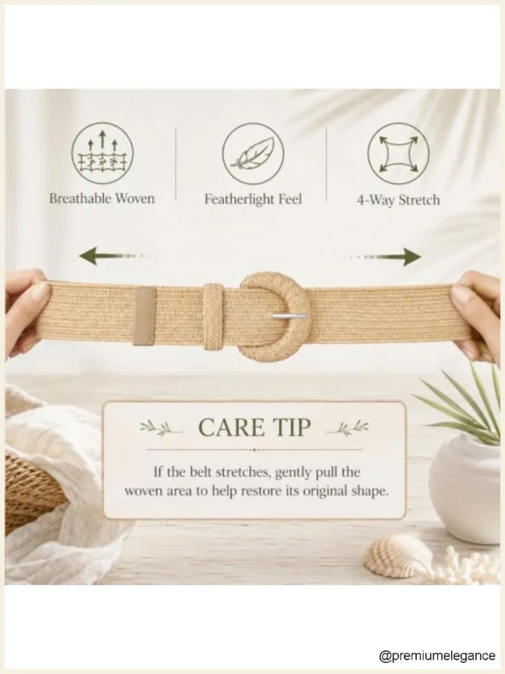 Straw Woven Stretchy Belt with Oval Buckle Boho Elastic Waist Belt